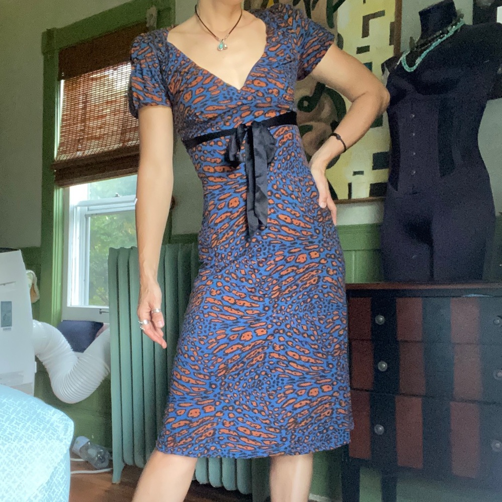 Vintage y2k Betsey Johnson black label Blue Orange leopard  Midi Dress USA made